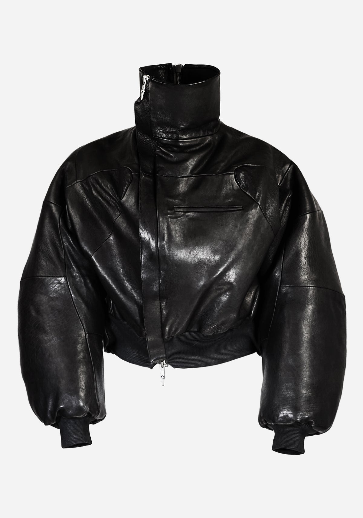 "HEXADRONE" LAYERED BACKZIP TANK LEATHER COLLARED BOMBER JACKET