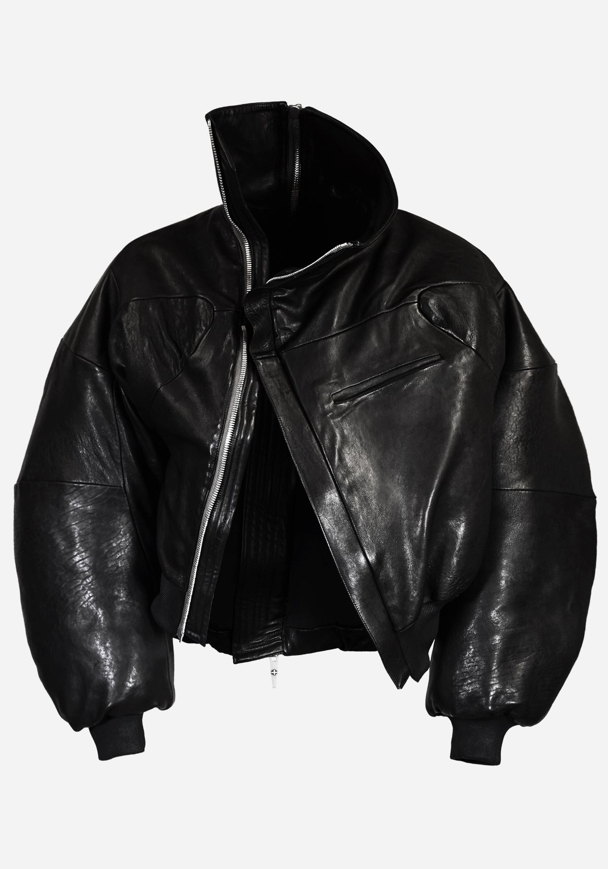 "HEXADRONE" LAYERED BACKZIP TANK LEATHER COLLARED BOMBER JACKET