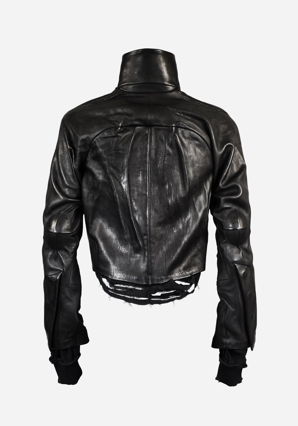 “MAGNUMO” SS LAYERED MORPHED BLADE PROSTHETICA DISTRESSED OPEN-WORK LEATHER JACKET