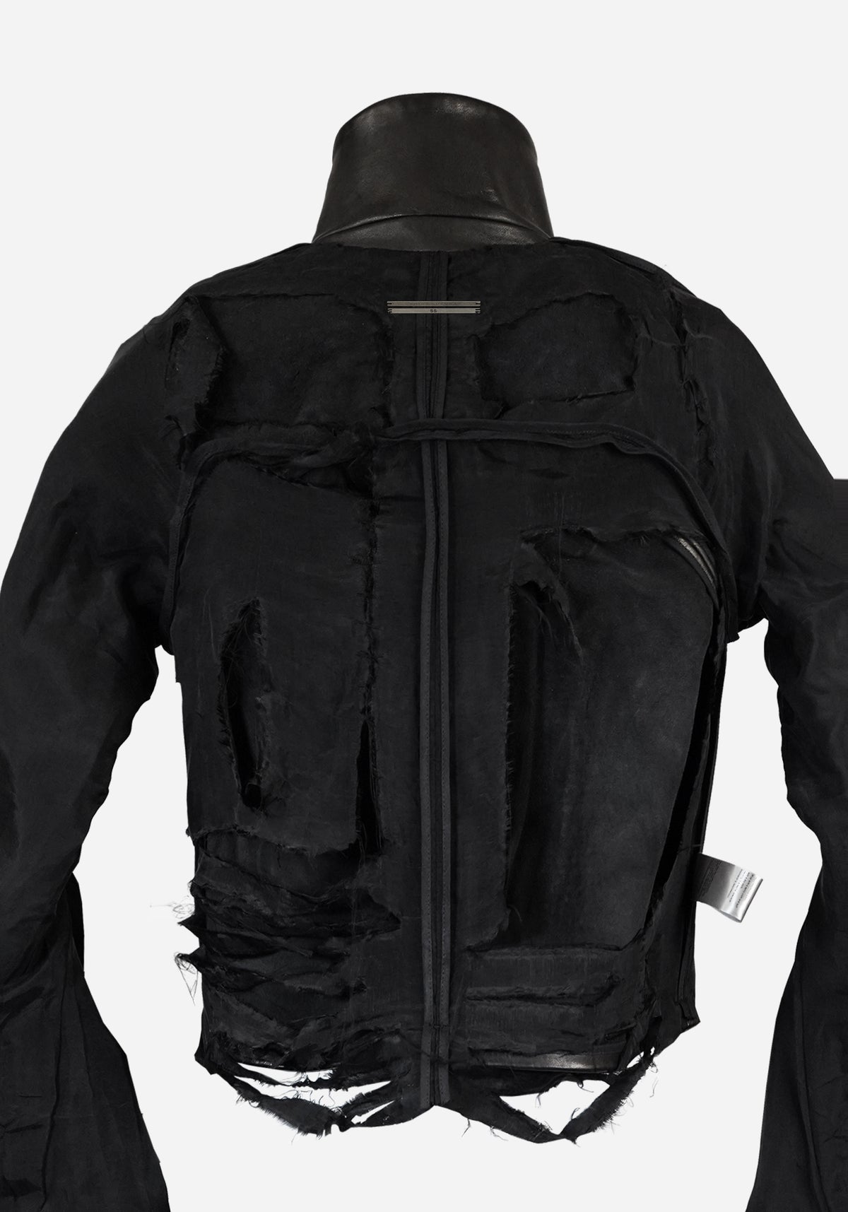 “MAGNUMO” SS LAYERED MORPHED BLADE PROSTHETICA DISTRESSED OPEN-WORK LEATHER JACKET
