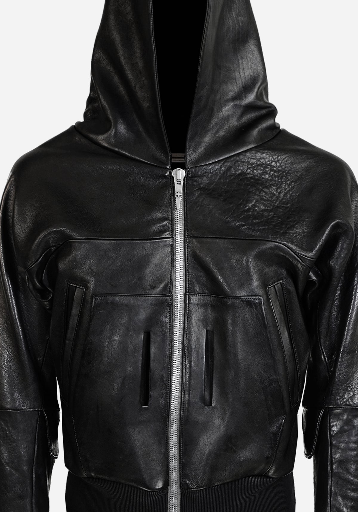 “BOZOMANE” MORPHED CHESTUS PROSTETIC HOODED LEATHER JACKET