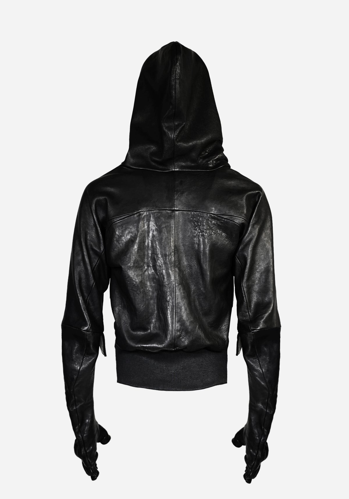 “BOZOMANE” MORPHED CHESTUS PROSTETIC HOODED LEATHER JACKET