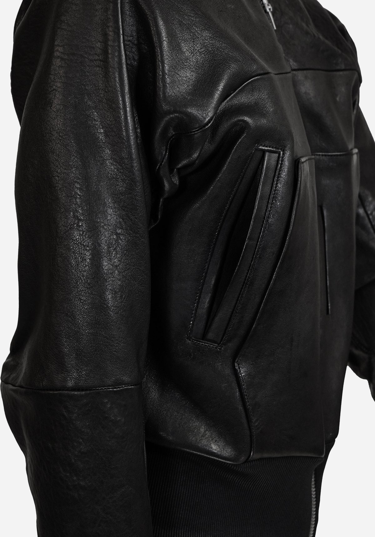 “BOZOMANE” MORPHED CHESTUS PROSTETIC HOODED LEATHER JACKET
