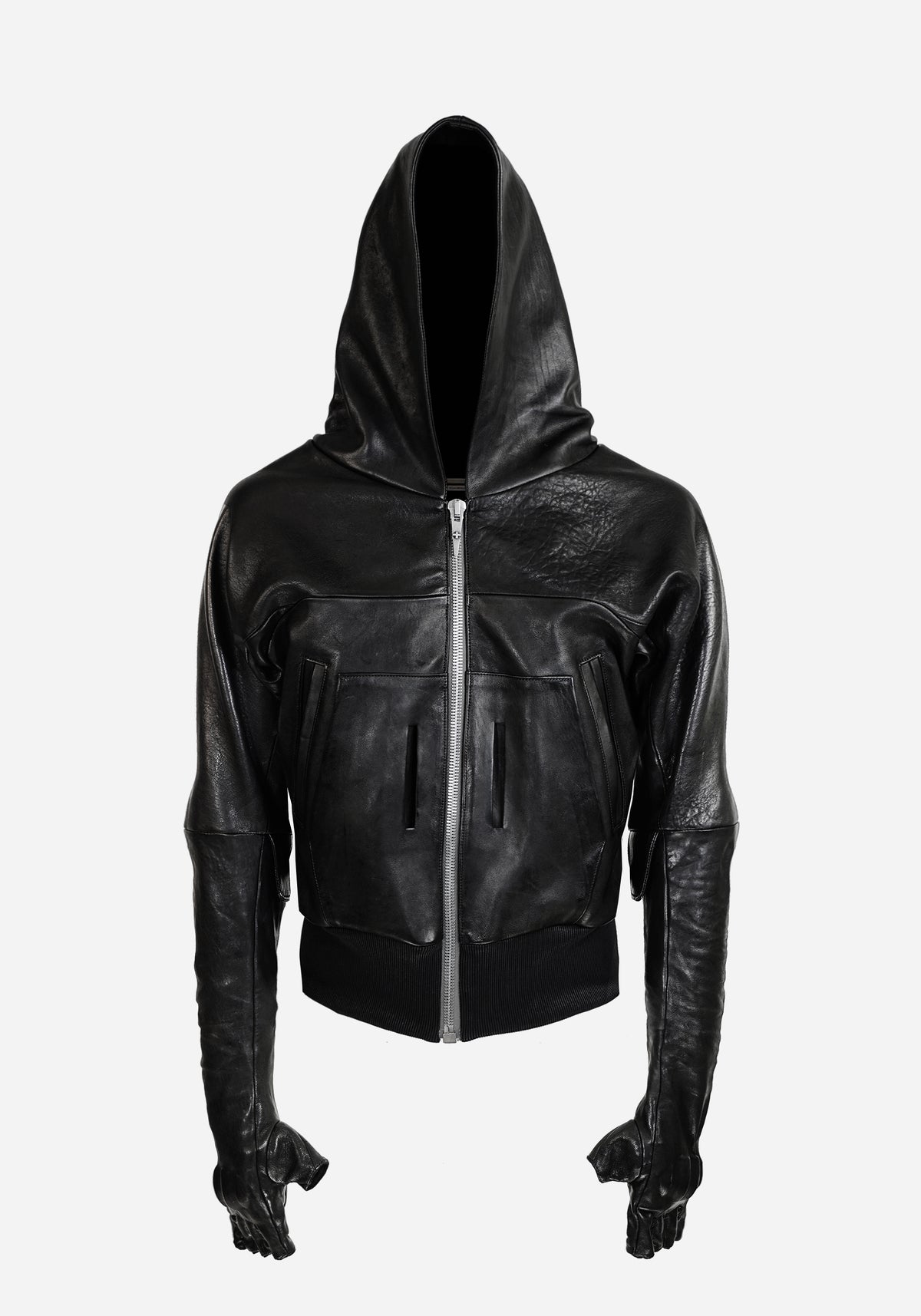 “BOZOMANE” MORPHED CHESTUS PROSTETIC HOODED LEATHER JACKET