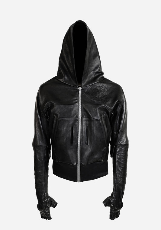 “BOZOMANE” MORPHED CHESTUS PROSTETIC HOODED LEATHER JACKET