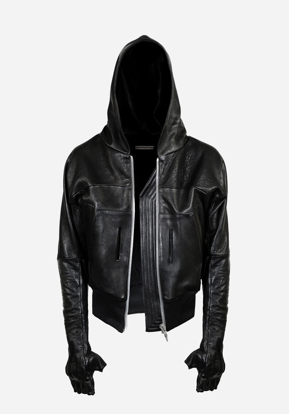 “BOZOMANE” MORPHED CHESTUS PROSTETIC HOODED LEATHER JACKET