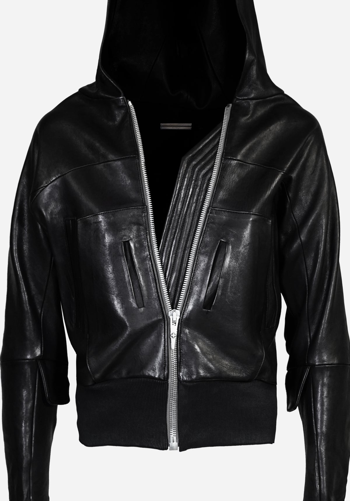 “BOZOMANE” MORPHED CHESTUS PROSTETIC HOODED LEATHER JACKET