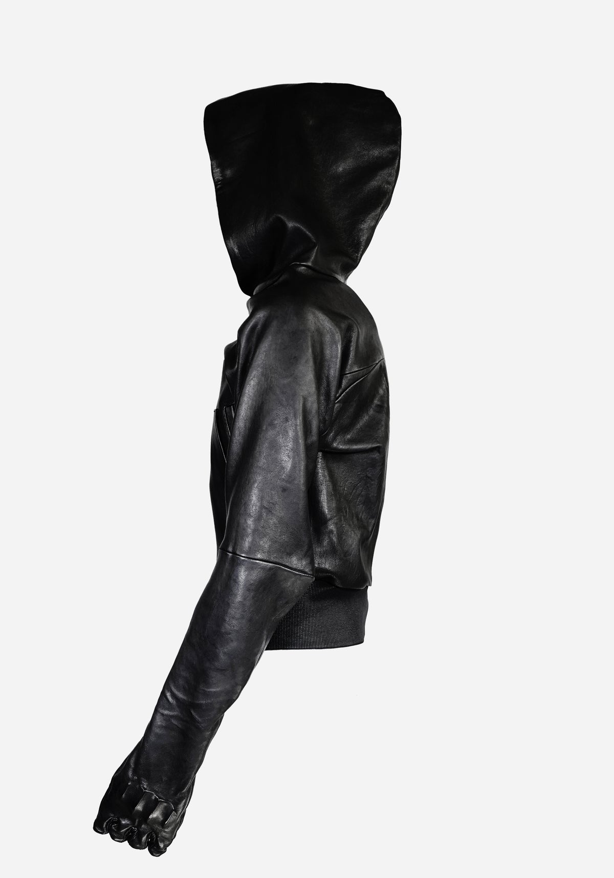 “BOZOMANE” MORPHED CHESTUS PROSTETIC HOODED LEATHER JACKET