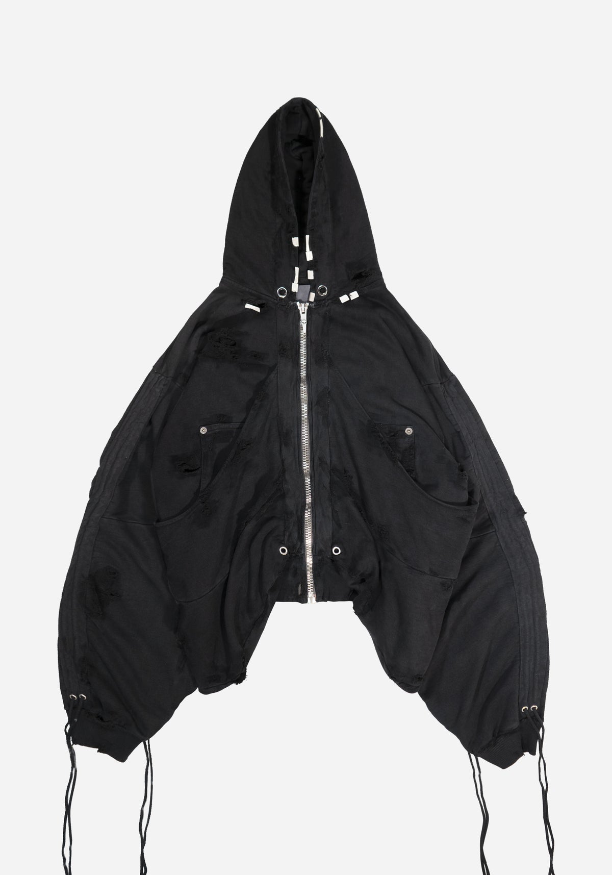 "GOLUCIDA" LAYERED JUMBO ZIPPER DISTRESSED CARGO HOODIE - THRASHED