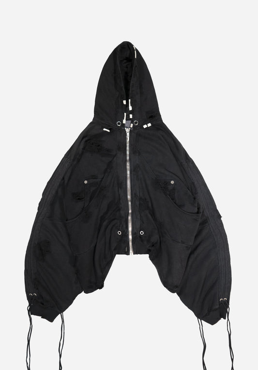"GOLUCIDA" LAYERED JUMBO ZIPPER DISTRESSED CARGO HOODIE - THRASHED