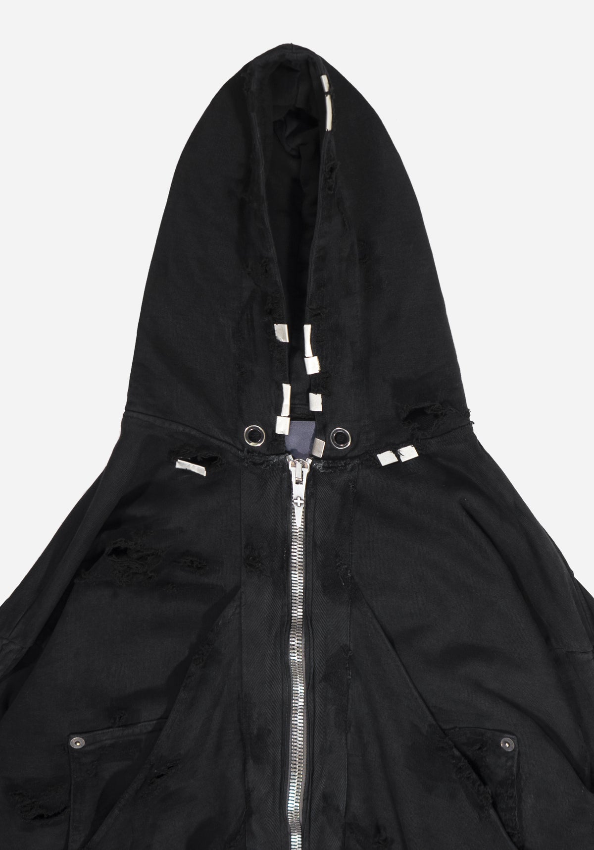 "GOLUCIDA" LAYERED JUMBO ZIPPER DISTRESSED CARGO HOODIE - THRASHED