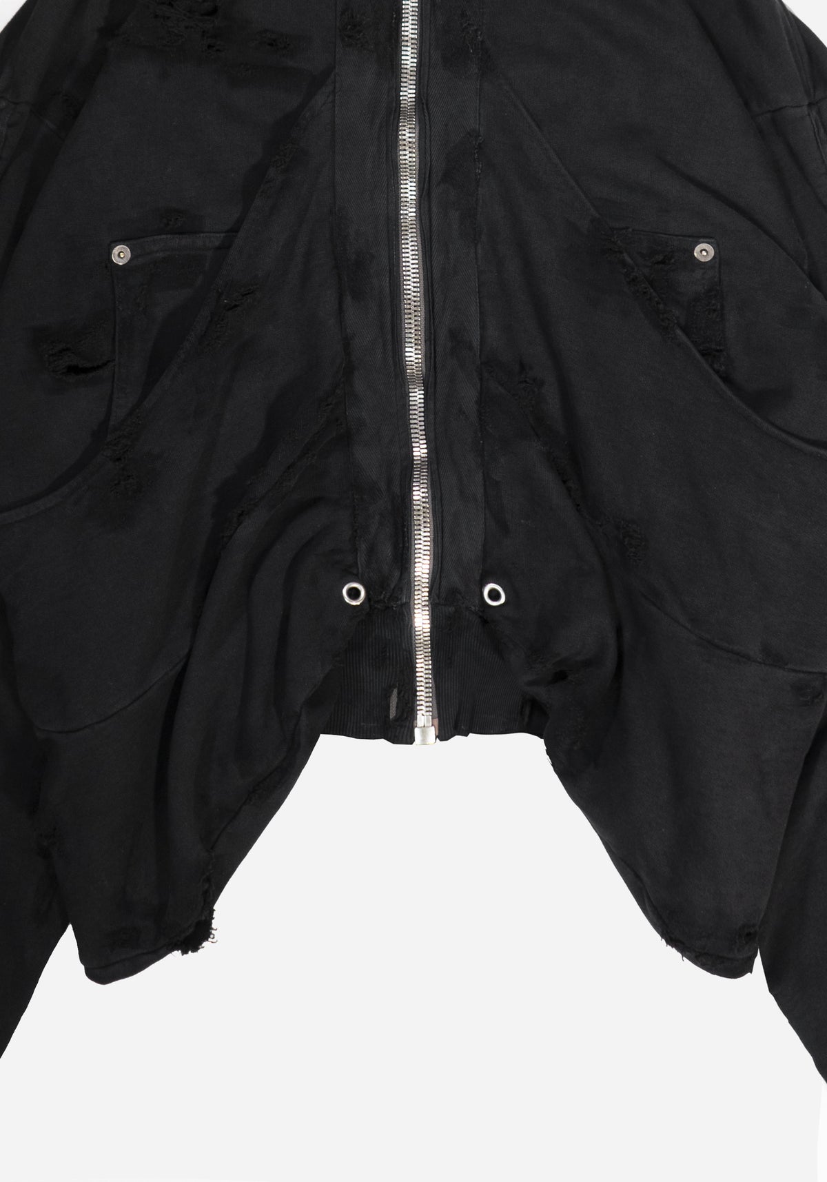 "GOLUCIDA" LAYERED JUMBO ZIPPER DISTRESSED CARGO HOODIE - THRASHED