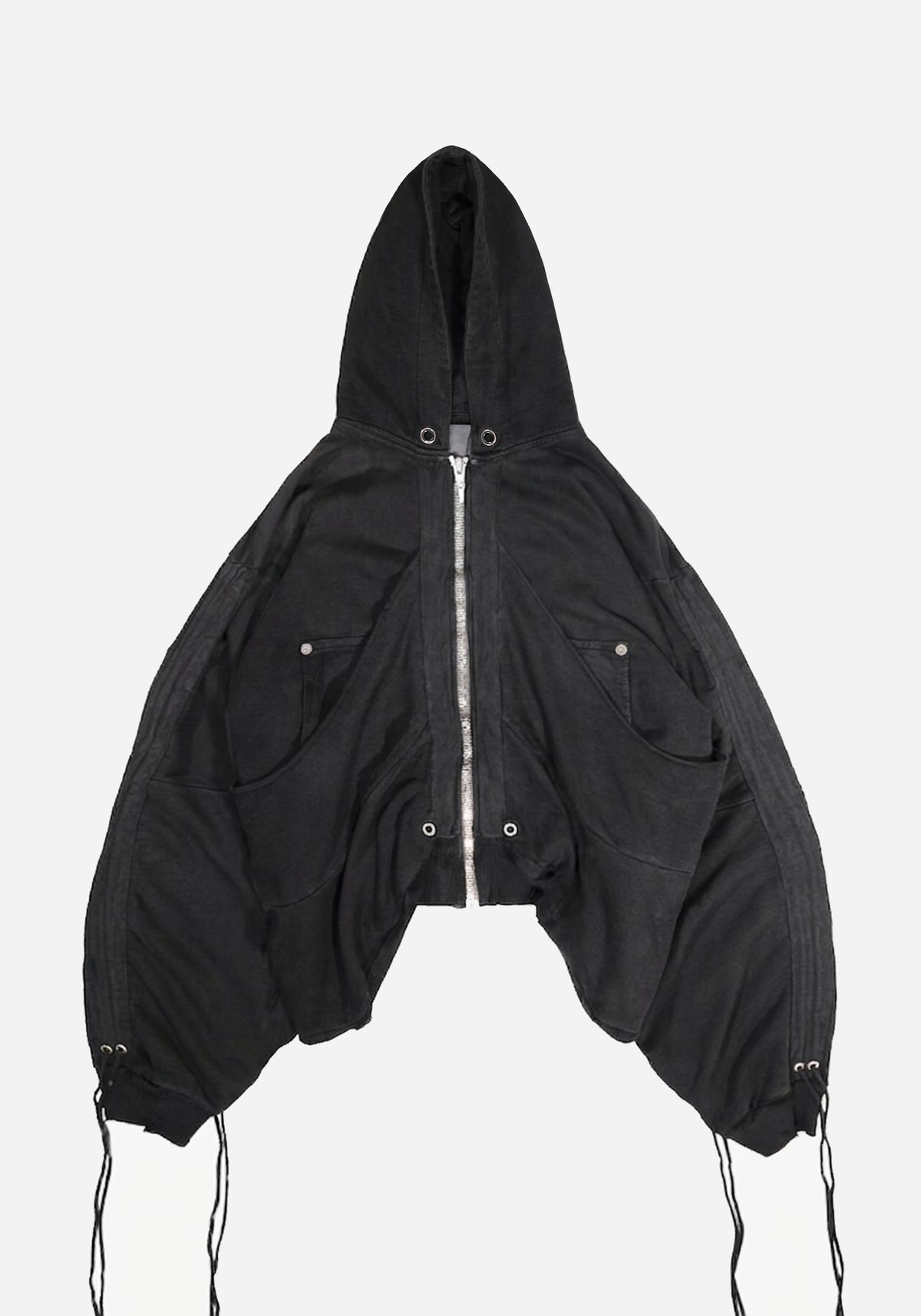 "GOLUCIDA" LAYERED JUMBO ZIPPER DISTRESSED CARGO HOODIE - DARKOZONE