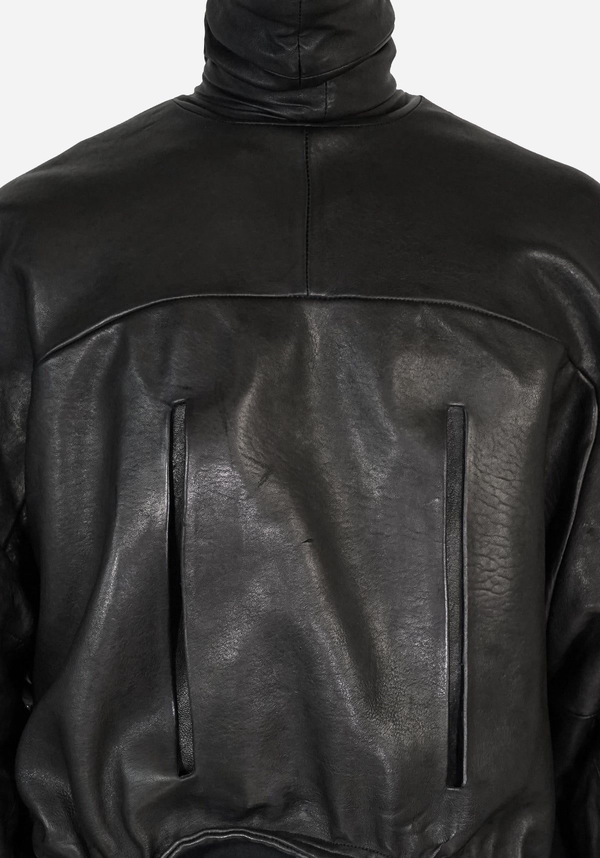 “PLUNGETHO” LAYERED MASKED BACKZIP LEATHER PULLOVER