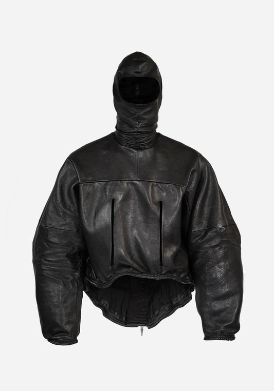 “PLUNGETHO” LAYERED MASKED BACKZIP LEATHER PULLOVER