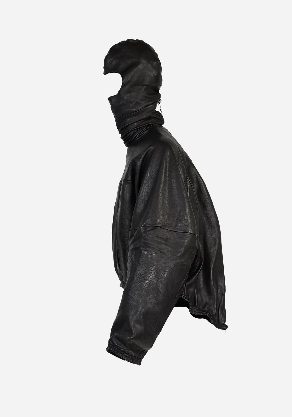“PLUNGETHO” LAYERED MASKED BACKZIP LEATHER PULLOVER