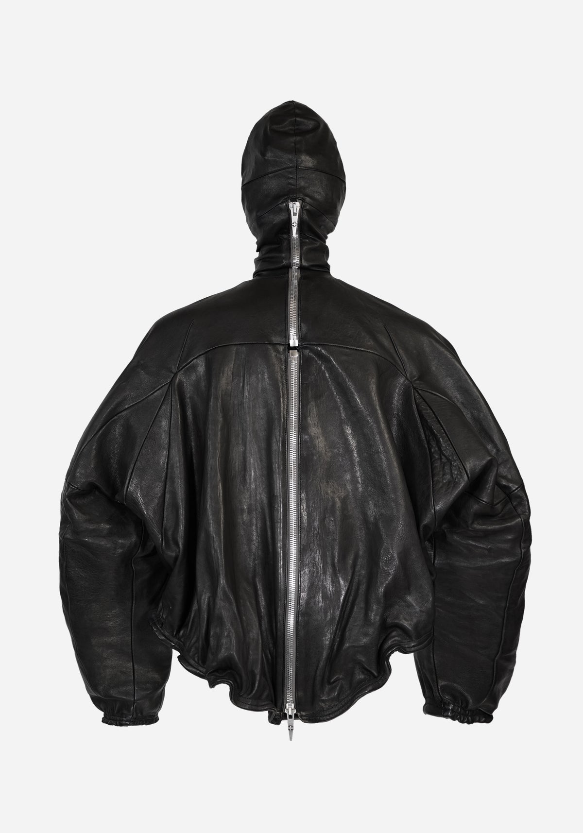 “PLUNGETHO” LAYERED MASKED BACKZIP LEATHER PULLOVER