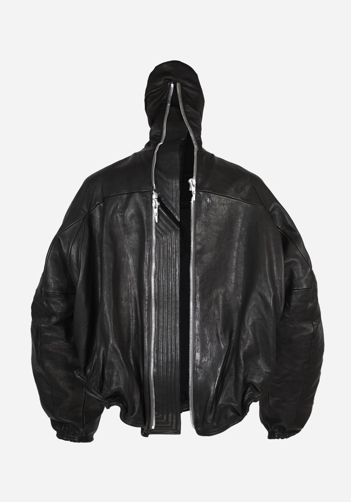 “PLUNGETHO” LAYERED MASKED BACKZIP LEATHER PULLOVER