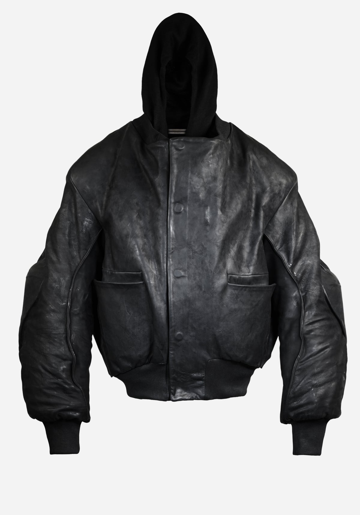 “MASTERONE” MAGNETIC LAYERED MORPHED TEMPLAR PROSTHETIC ATLAS HOODED NUBUK BOMBER JACKET