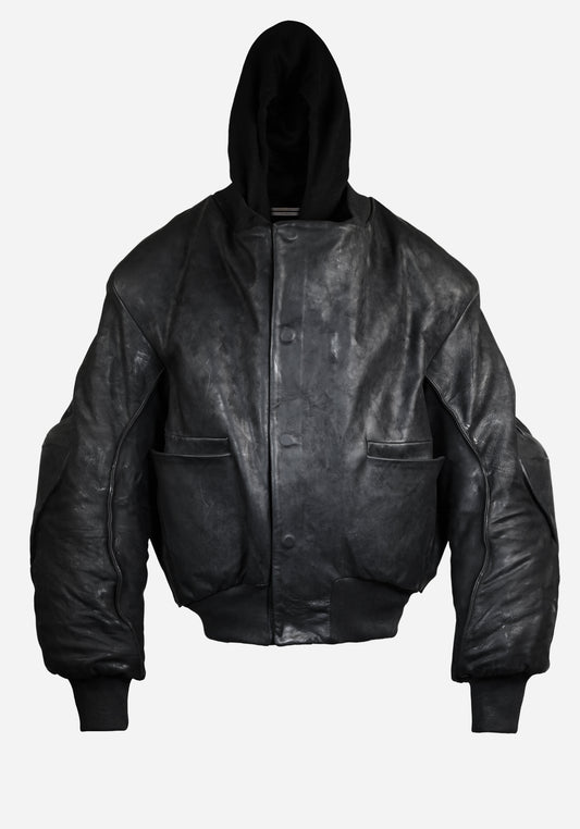 “MASTERONE” MAGNETIC LAYERED MORPHED TEMPLAR PROSTHETIC ATLAS HOODED NUBUK BOMBER JACKET