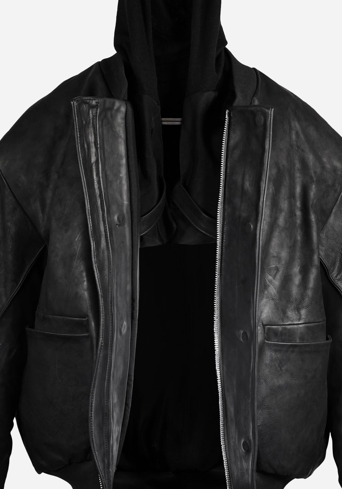 “MASTERONE” MAGNETIC LAYERED MORPHED TEMPLAR PROSTHETIC ATLAS HOODED NUBUK BOMBER JACKET