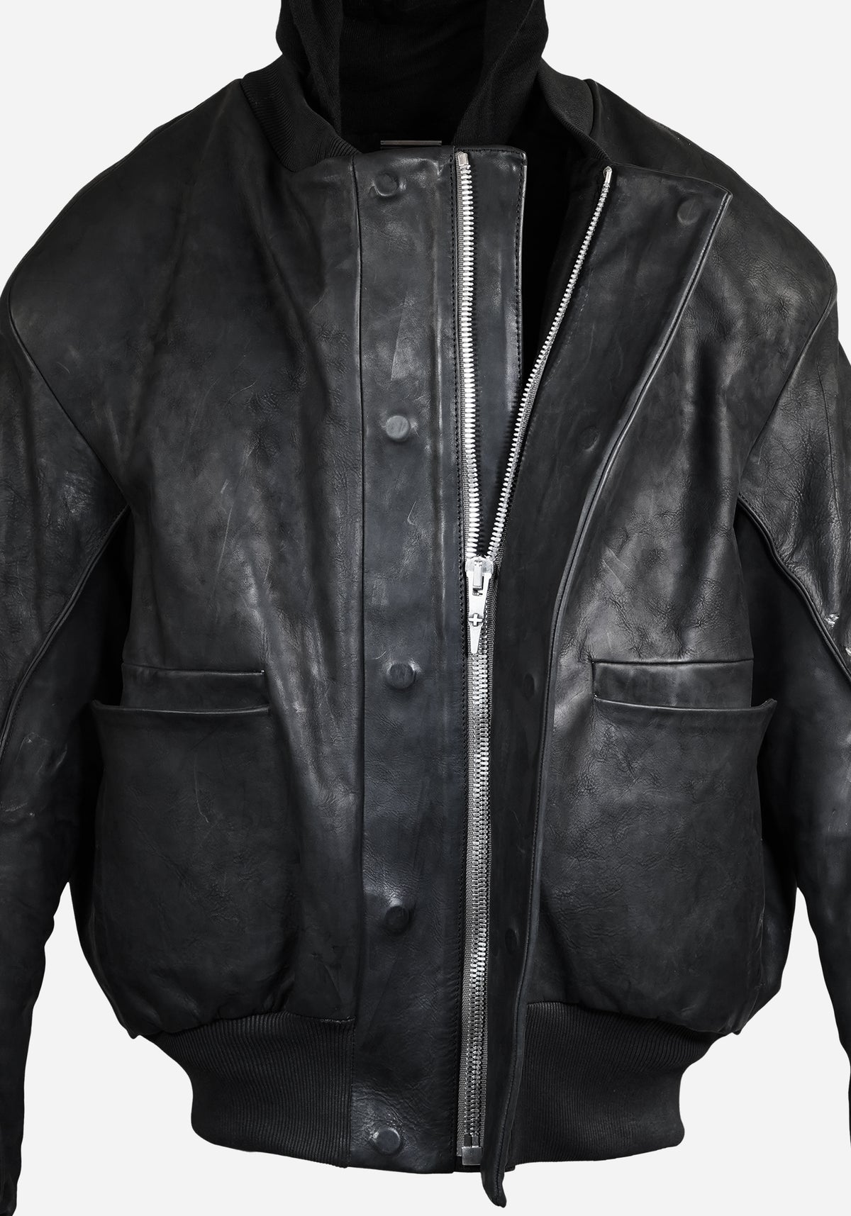 “MASTERONE” MAGNETIC LAYERED MORPHED TEMPLAR PROSTHETIC ATLAS HOODED NUBUK BOMBER JACKET