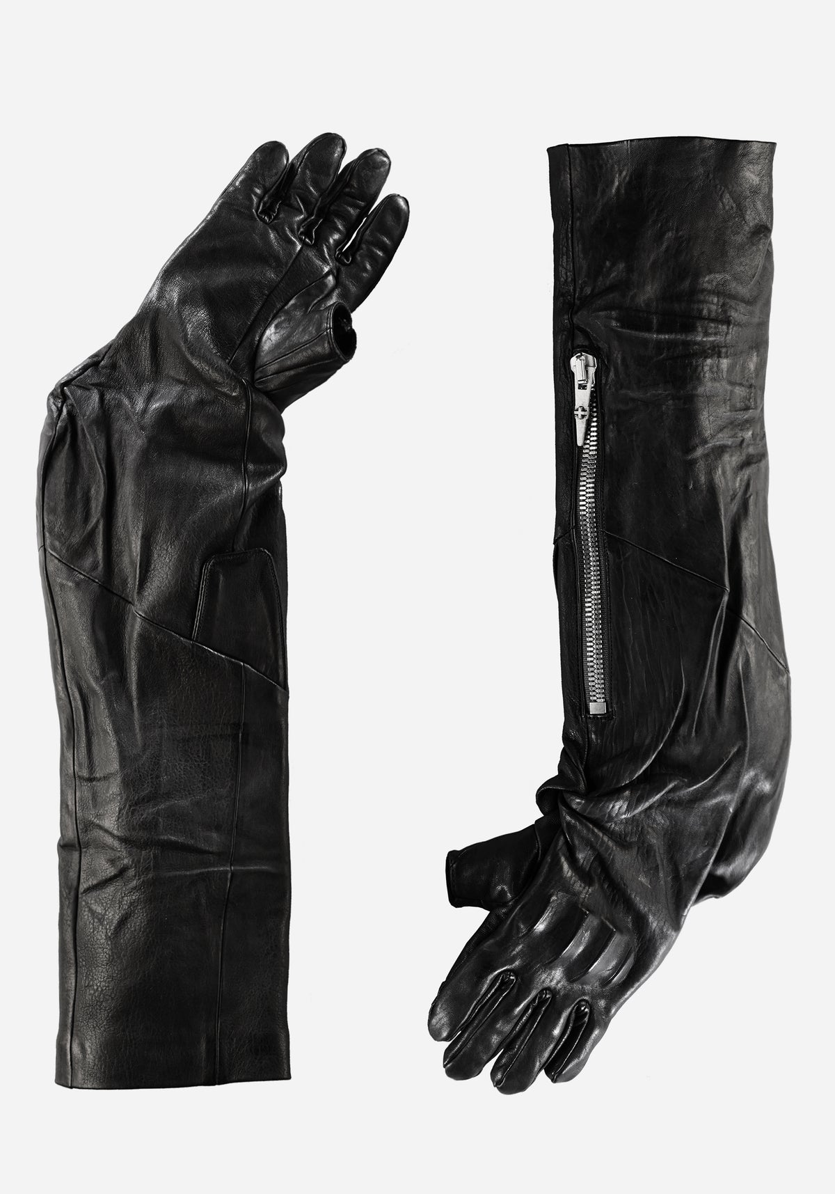 “EXAGOTO” MORPHED CHESTUS PROSTHETIC EXTENDED KNOT LEATHER ZIPPER CARGO GLOVES